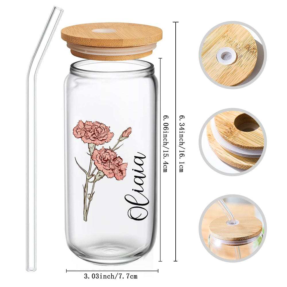 Personalized Name Can Glass with Colorful Birth Flower Custom Can Glass with Straw Gift for Mother Friends Family Bridesmaid