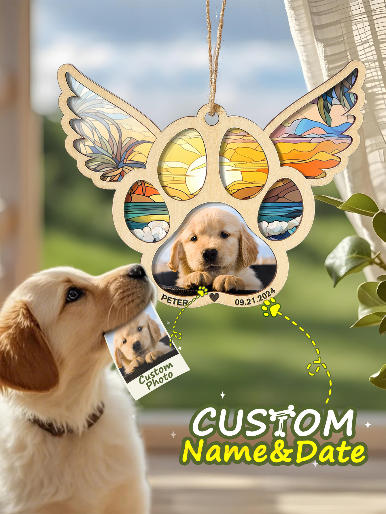 Personalized Pet Suncatcher Ornament with Photo Paw Print Ornament Memorial Gift for Pet Lovers