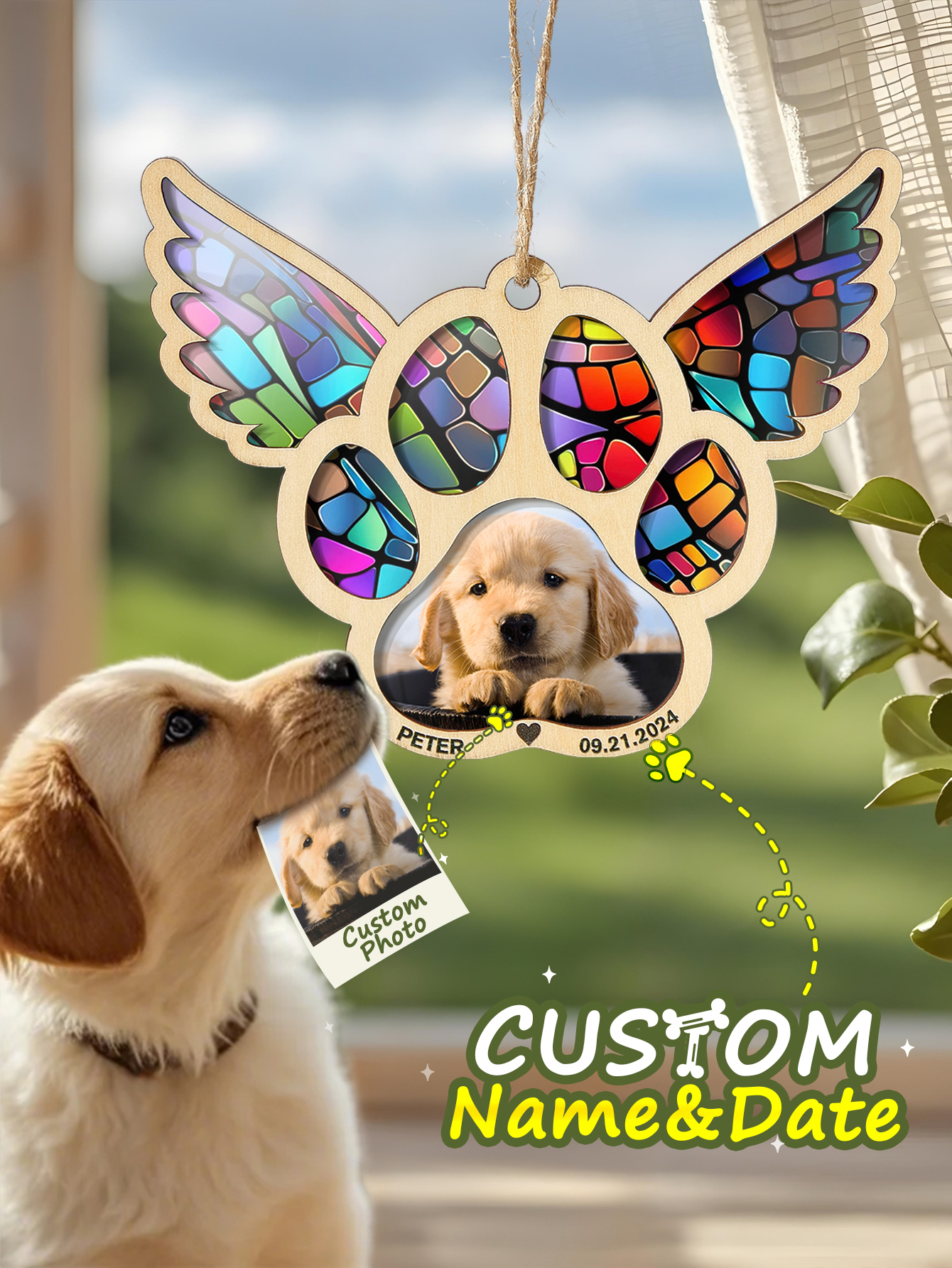 Personalized Pet Suncatcher Ornament with Photo Paw Print Ornament Memorial Gift for Pet Lovers