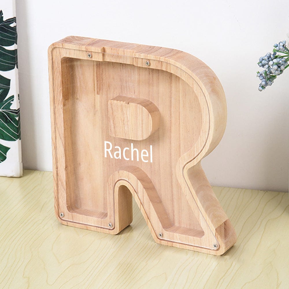 Custom Name Letter Piggy Bank Wooden Engraved Money Box Kids Christmas Gifts