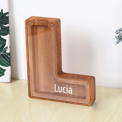 Custom Name Letter Piggy Bank Wooden Engraved Money Box Kids Christmas Gifts