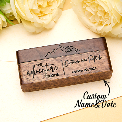 Personalized Rustic Engraved Wood 2 Rings Bearer Box with Date & Name Wedding Proposal Gift for Couple