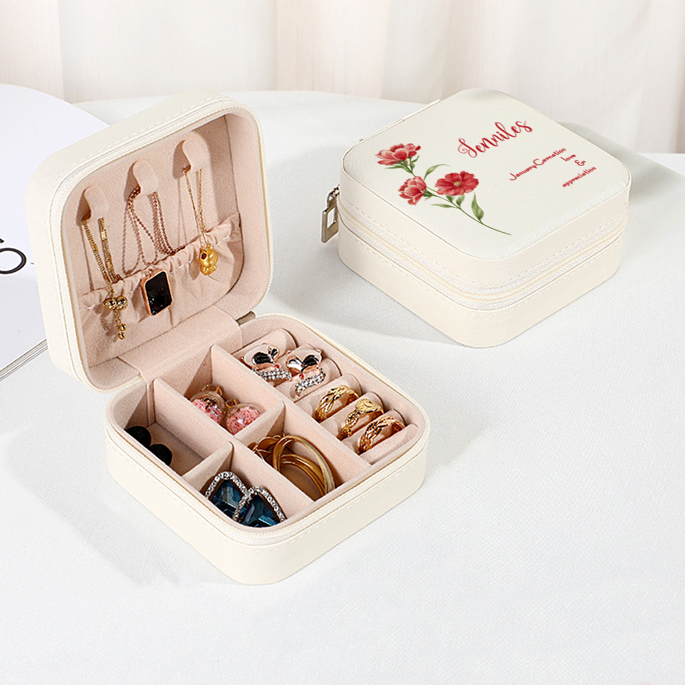 Personalized Birth Flower PU Leather Jewelry Box Bridesmaid Gift for Her