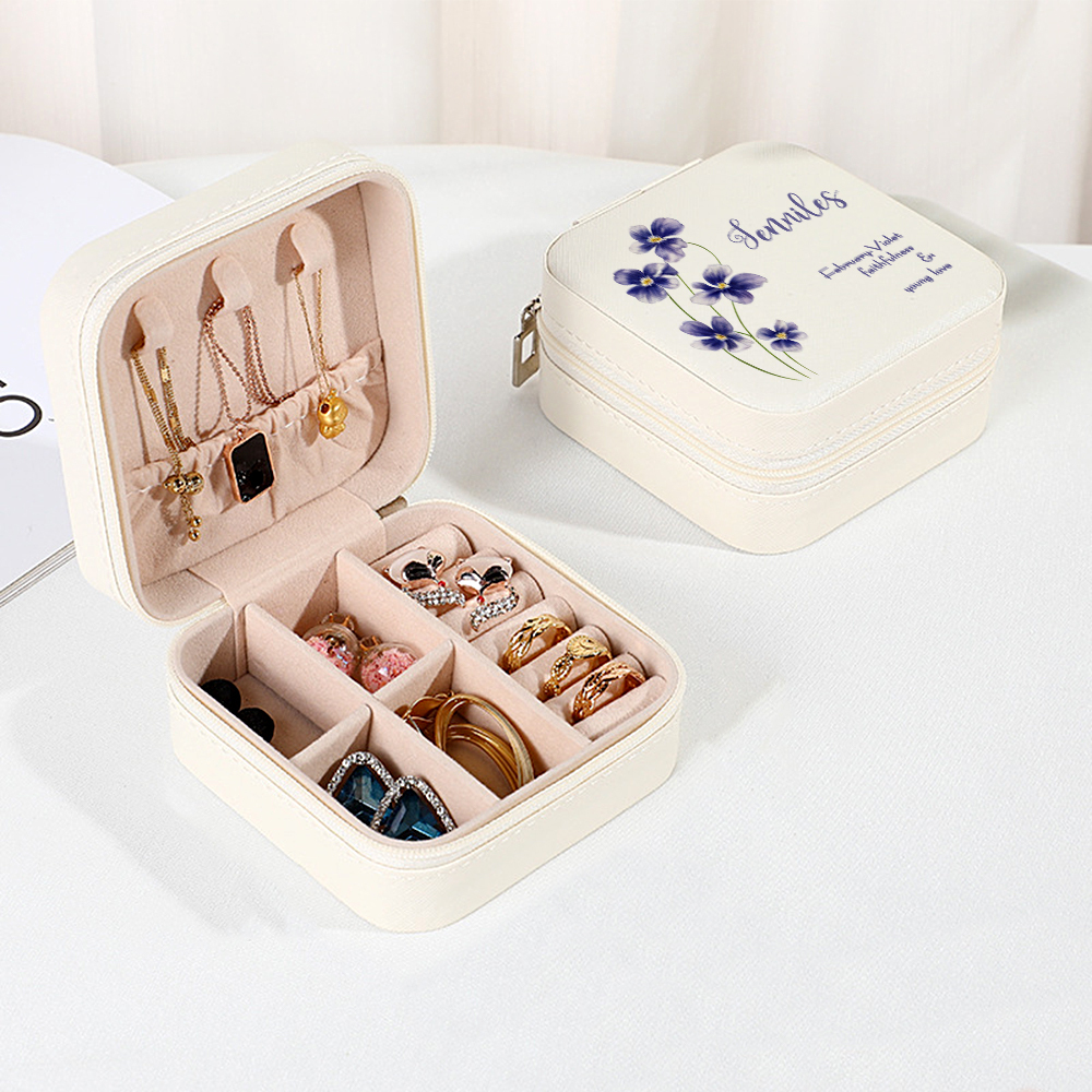 Personalized Birth Flower PU Leather Jewelry Box Bridesmaid Gift for Her