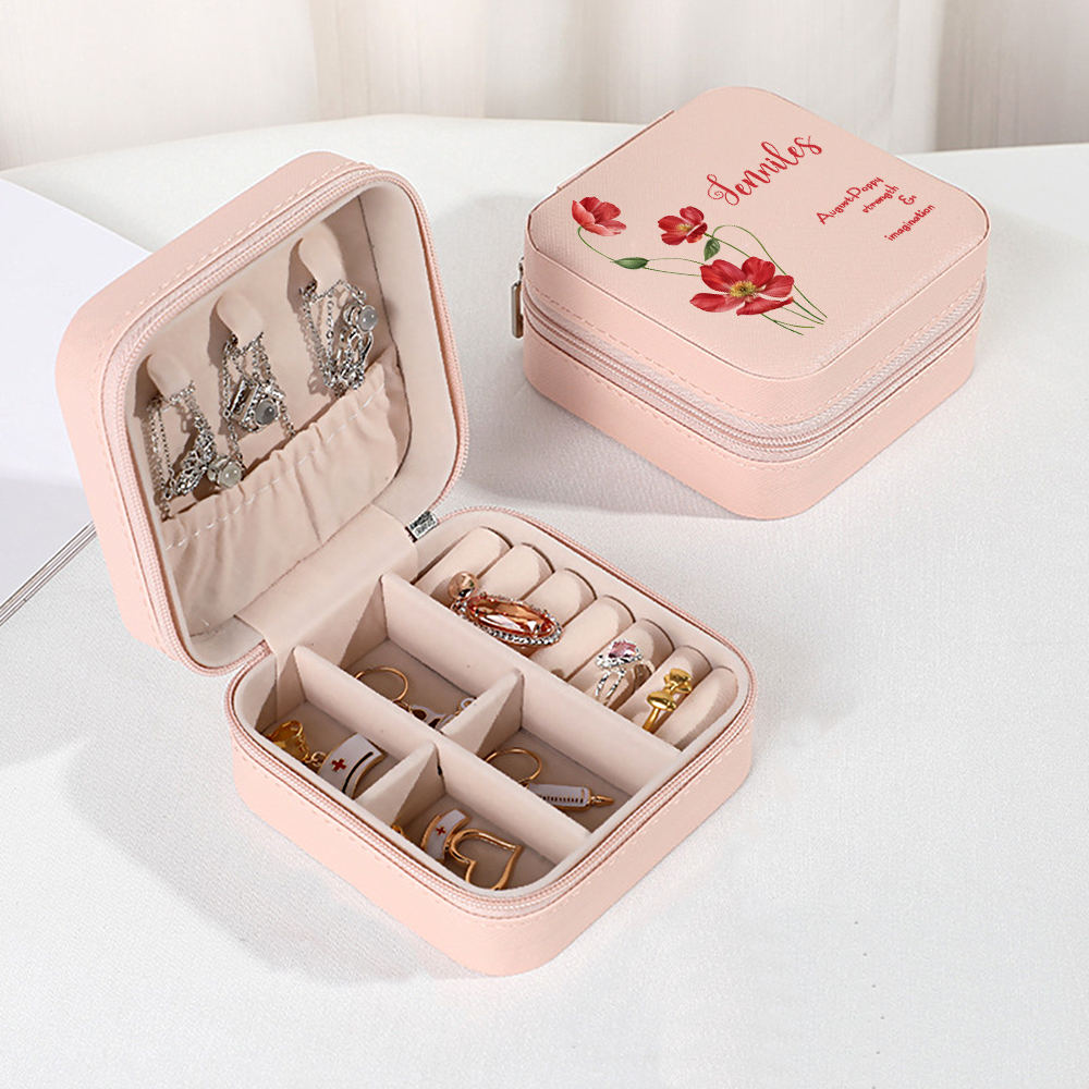Personalized Birth Flower PU Leather Jewelry Box Bridesmaid Gift for Her