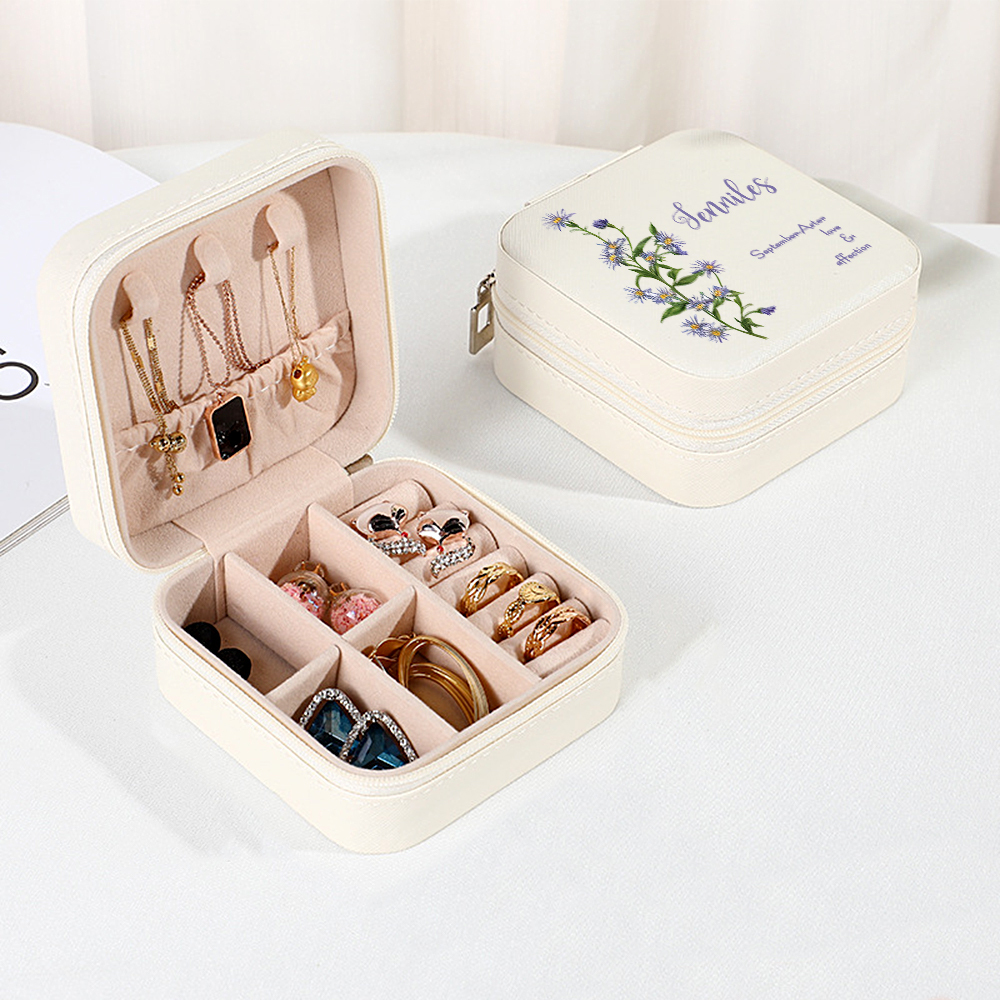 Personalized Birth Flower PU Leather Jewelry Box Bridesmaid Gift for Her