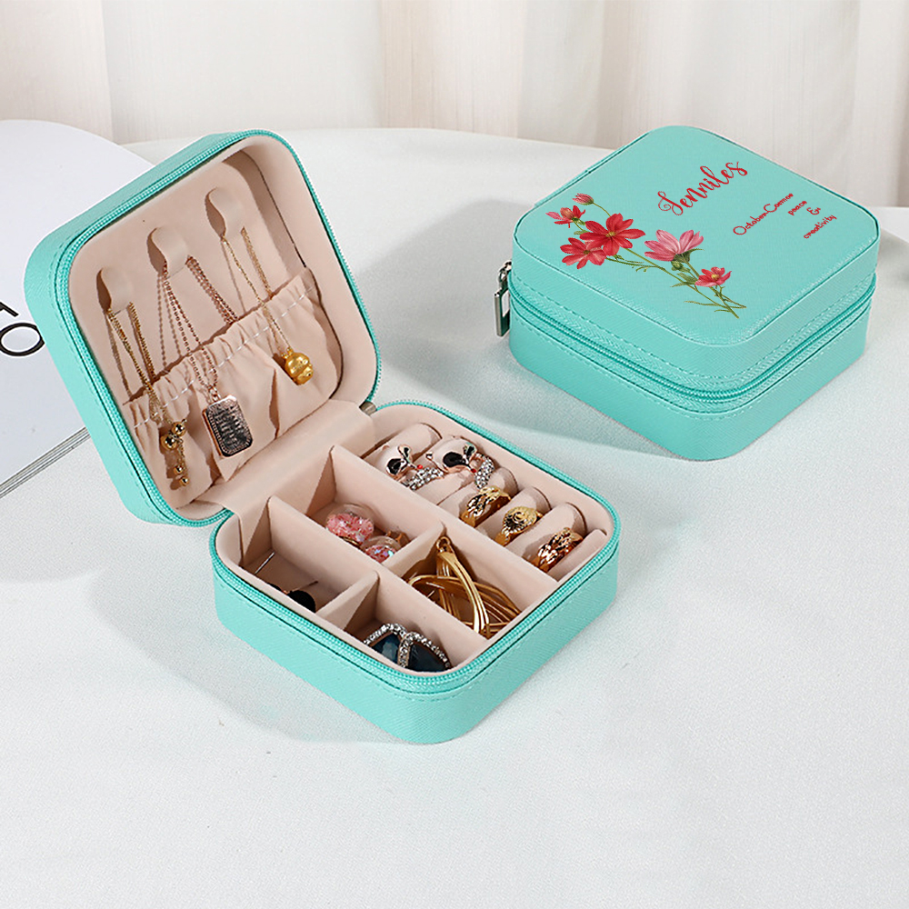 Personalized Birth Flower PU Leather Jewelry Box Bridesmaid Gift for Her