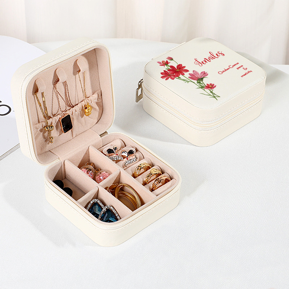 Personalized Birth Flower PU Leather Jewelry Box Bridesmaid Gift for Her