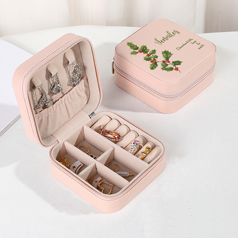 Personalized Birth Flower PU Leather Jewelry Box Bridesmaid Gift for Her