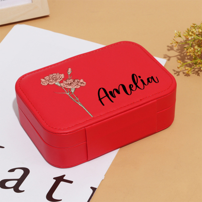 Personalized Birth Flower Leather Travel Jewelry Box with Name Waterproof Multiple Compartments Birthday Bridesmaid Gift for Women Girls