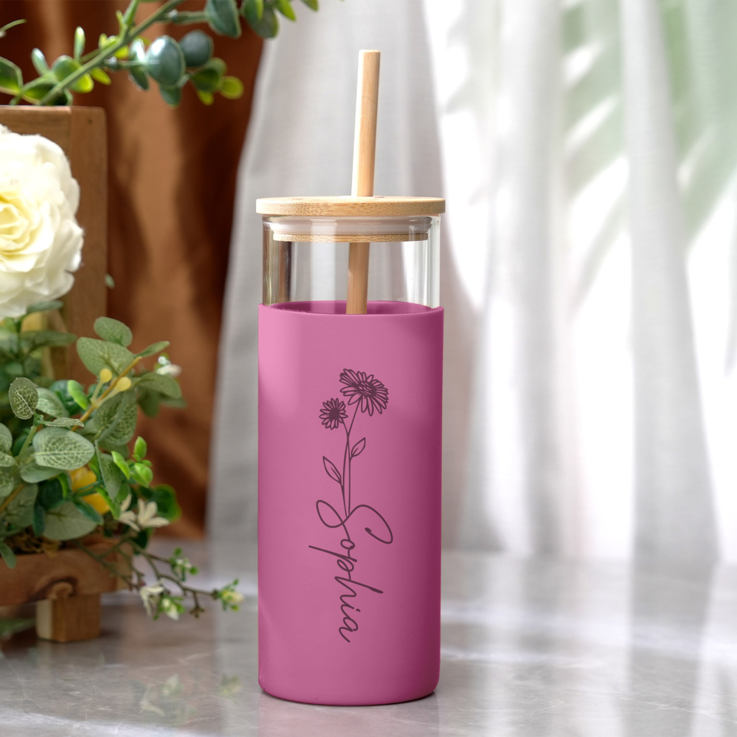 Personalized Name 17oz Glass Tumbler Coffee Tumbler with Engraved Wood Lid Silicone Case and Straw Birthday Gift