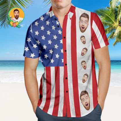 Custom Men's Patriotic Hawaiian Shirt With Pet Face USA Flag Personalized Fashion Hawaiian Shirt