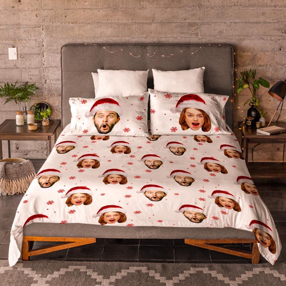 Personalized Photo Double Bedding Sheet And Duvet Cover Pillowslip Set Christmas Hat Gift For Couple