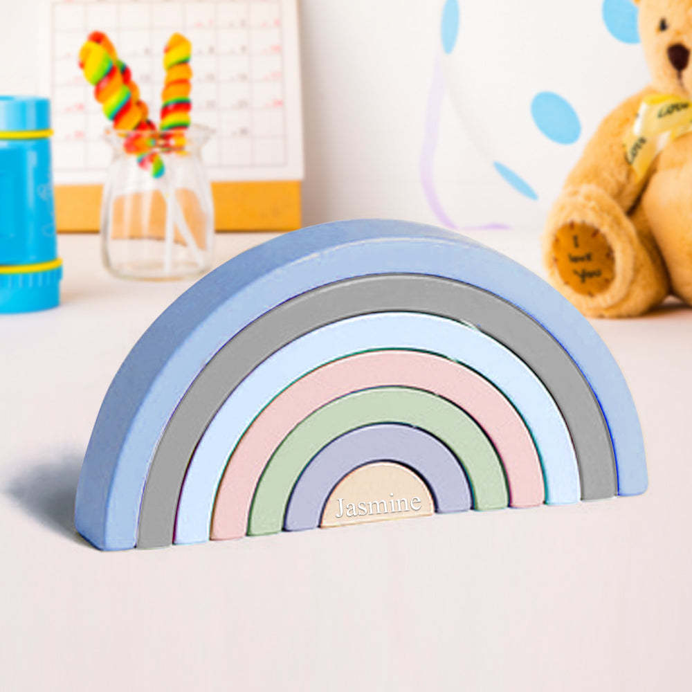 Custom Wooden Rainbow Stacker Nesting Puzzle Game Building Blocks Jigsaw Learning Toy Set Board Stacking Toy Gift for Kids