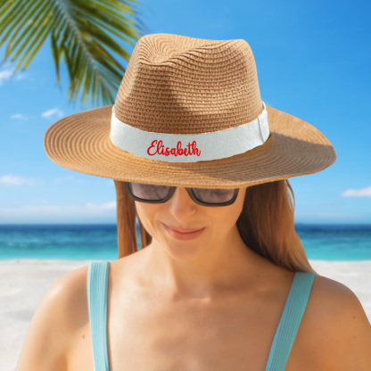 Personalized Straw Fedora Hat with White Band Custom Beach Hat Gift for Bridesmaid Friends Family Bachelorette Party