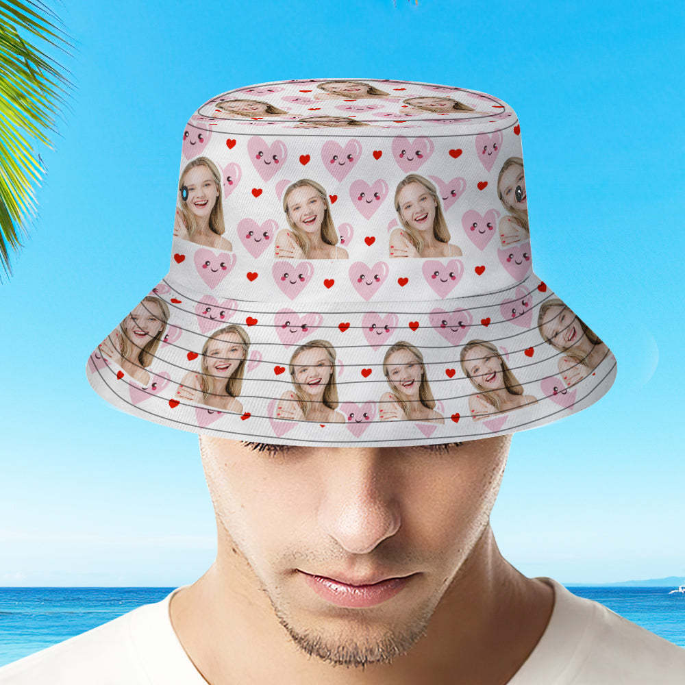 Custom Face Bucket Hat Unisex Fisherman Hat Pink Heart Summer Hat Creative Gift