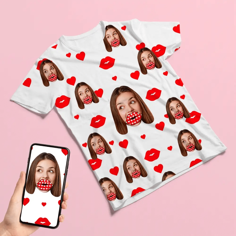 Personalized All Over Print T-shirt Custom Face Red Heart Lips T Shirts
