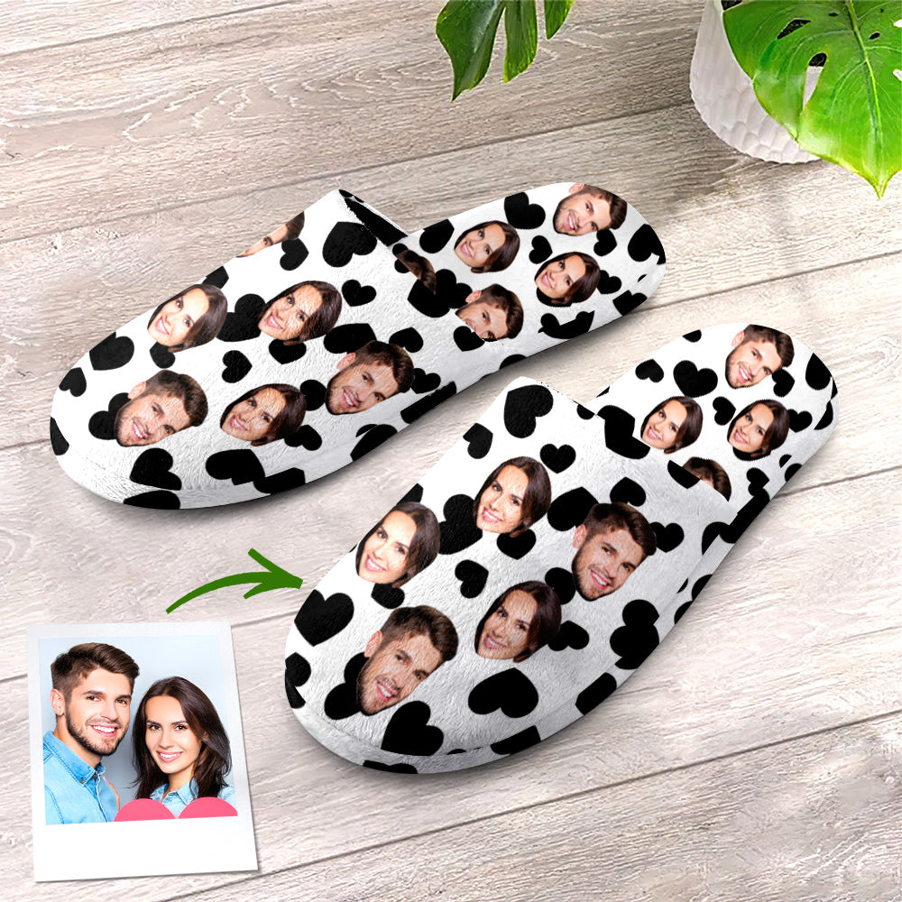 Custom Face Women's and Men's Slippers Personalized Black Heart Casual House Shoes Indoor Outdoor Bedroom Cotton Slippers