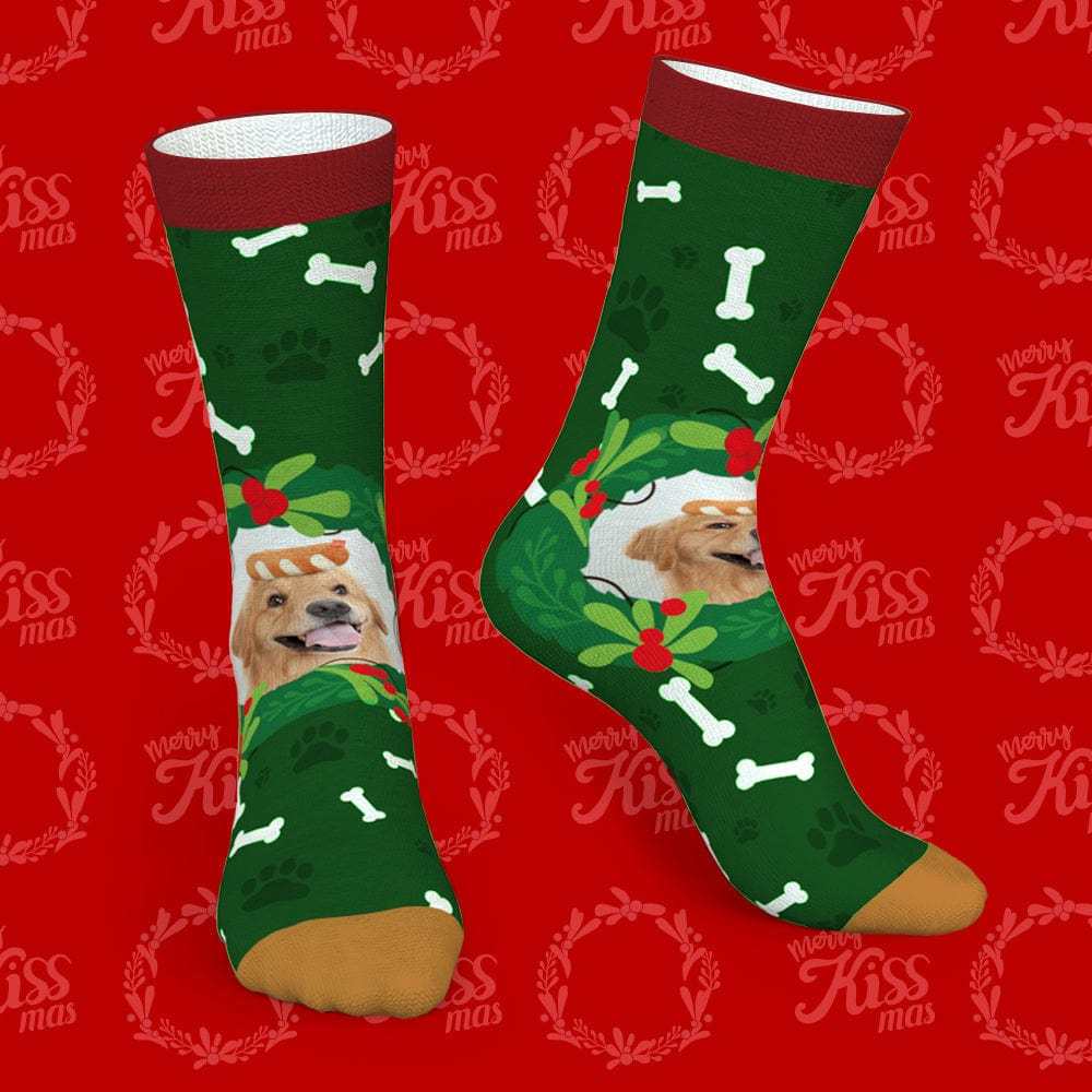 Custom Photo Socks With Mistletoe and Bone Christmas Gifts for Pet Lovers