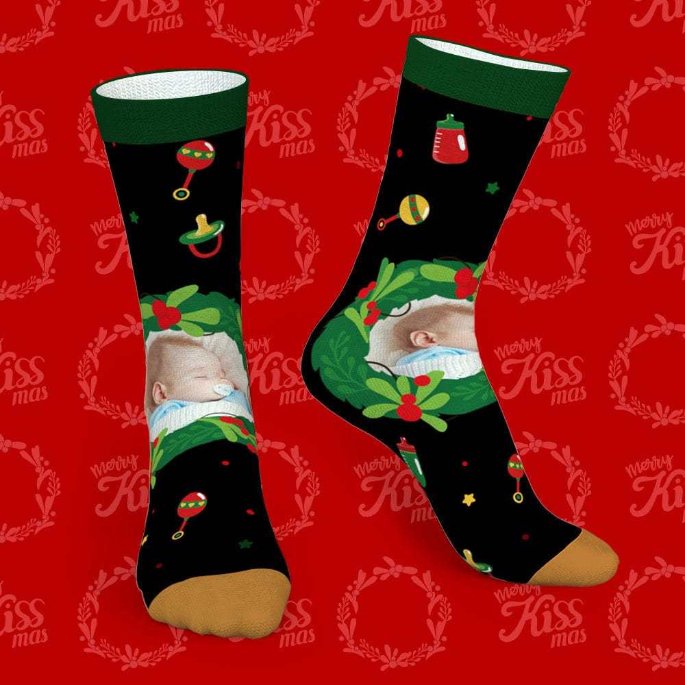 Personalized Photo Socks Christmas Mistletoe and Feeding Bottle Socks Gifts for Family