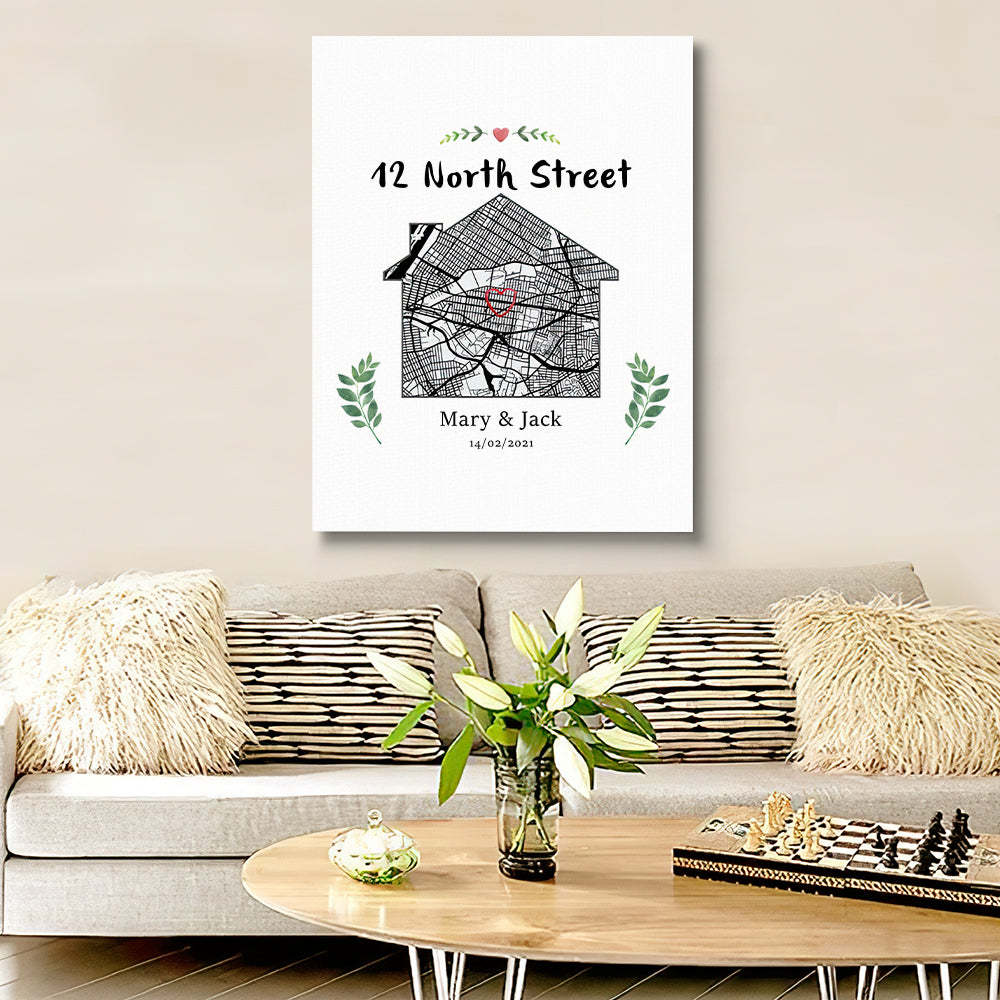 Personalized New Home Map Canvas Custom House Shape Wall Decor Housewarming Gift Christmas Gift