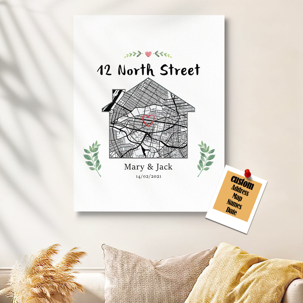 Personalized New Home Map Canvas Custom House Shape Wall Decor Housewarming Gift Christmas Gift
