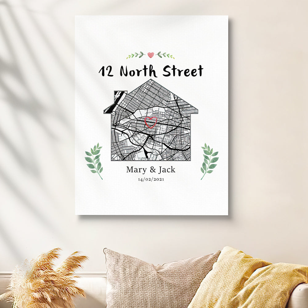 Personalized New Home Map Canvas Custom House Shape Wall Decor Housewarming Gift Christmas Gift