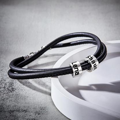 Custom Engraved Bead Bracelet Men Braided Black Leather Gifts
