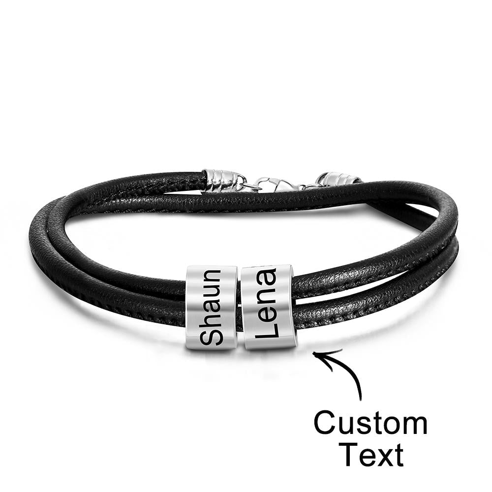 Custom Engraved Bead Bracelet Men Braided Black Leather Gifts