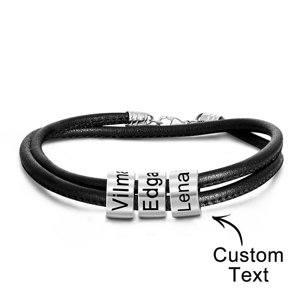 Custom Engraved Bead Bracelet Men Braided Black Leather Gifts