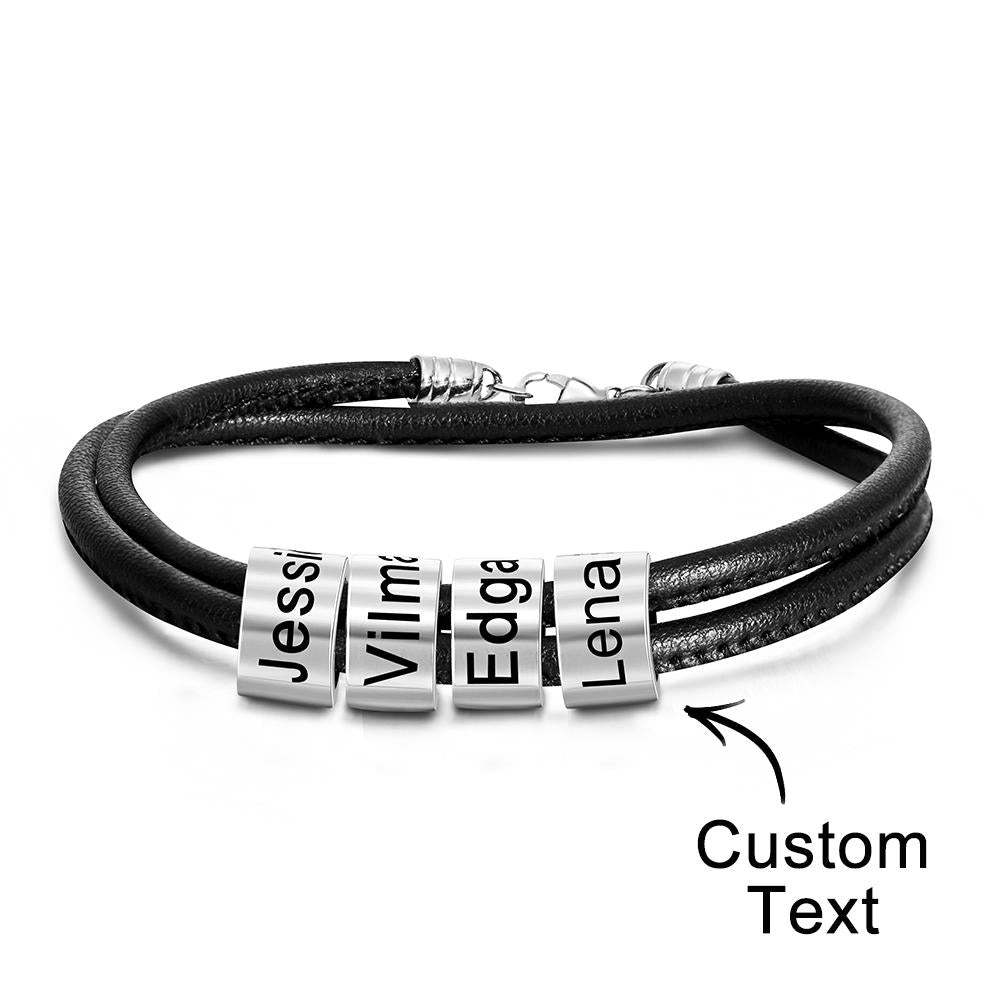 Custom Engraved Bead Bracelet Men Braided Black Leather Gifts
