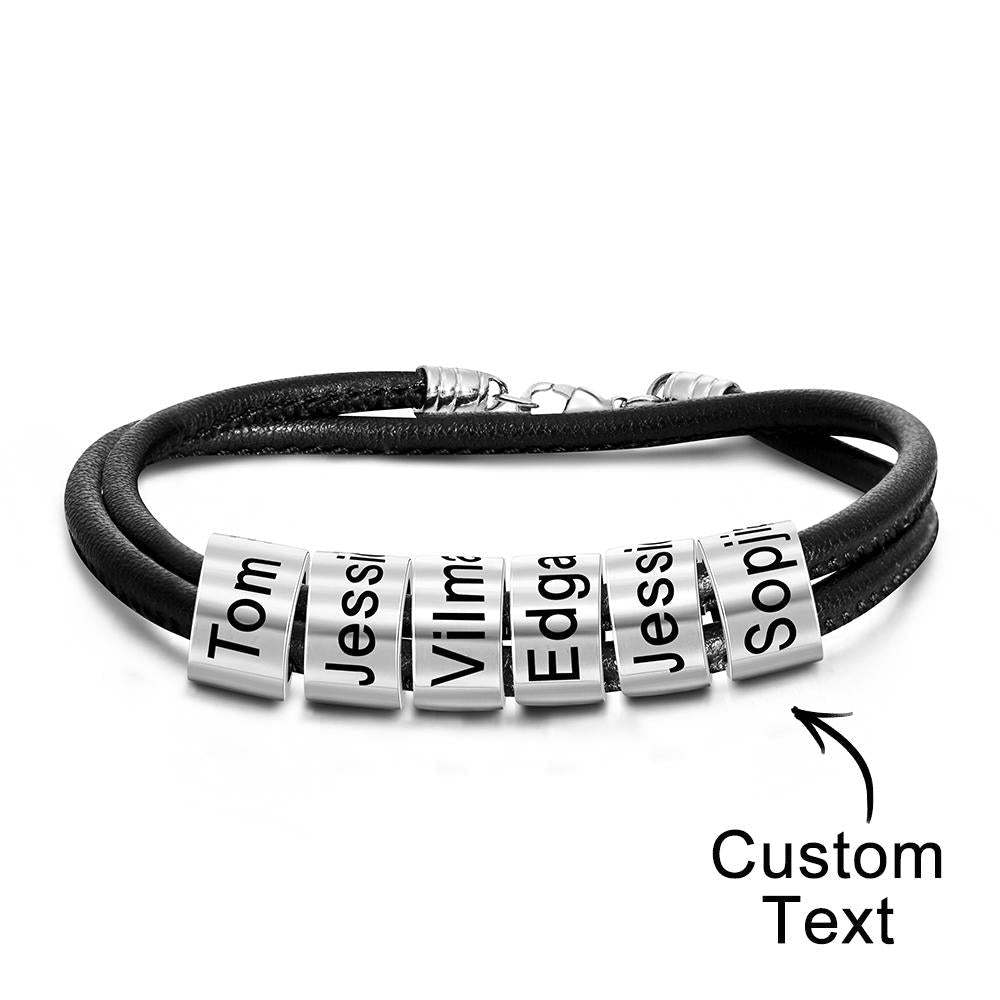 Custom Engraved Bead Bracelet Men Braided Black Leather Gifts