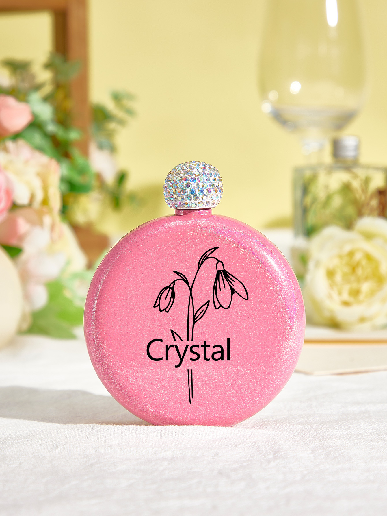 Personalized Birth Flower Round Flasks with Name 5oz Glitter Flask Wedding Birthday Gift for Her