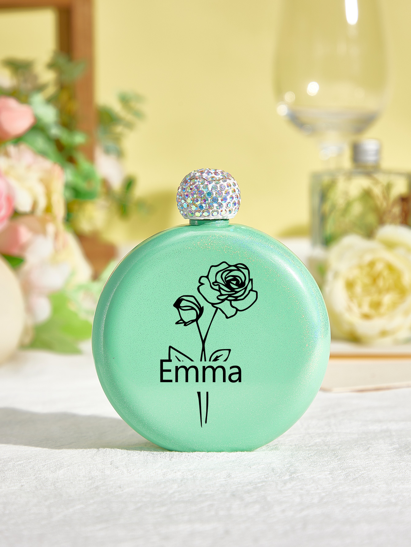 Personalized Birth Flower Round Flasks with Name 5oz Glitter Flask Wedding Birthday Gift for Her