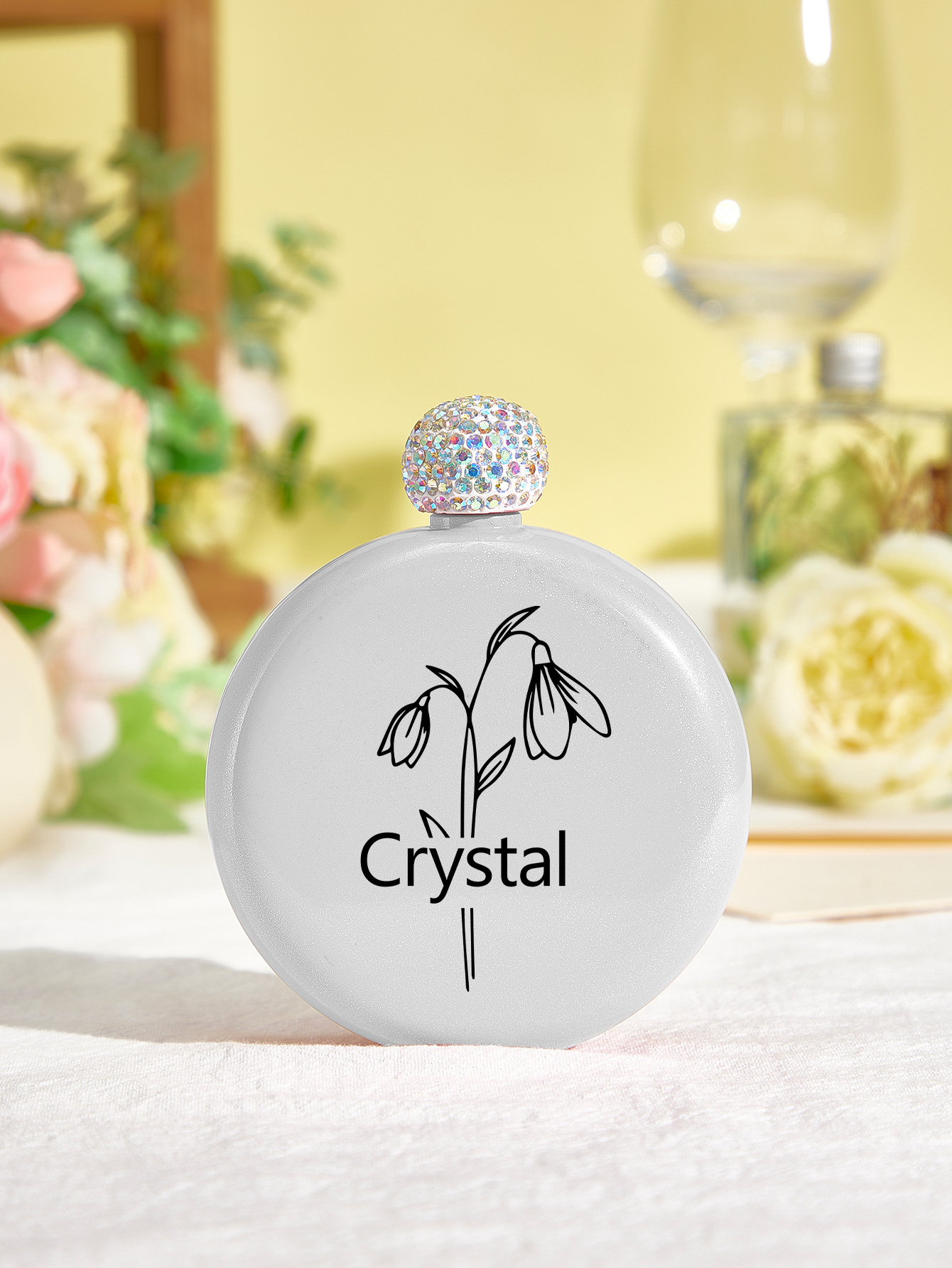 Personalized Birth Flower Round Flasks with Name 5oz Glitter Flask Wedding Birthday Gift for Her