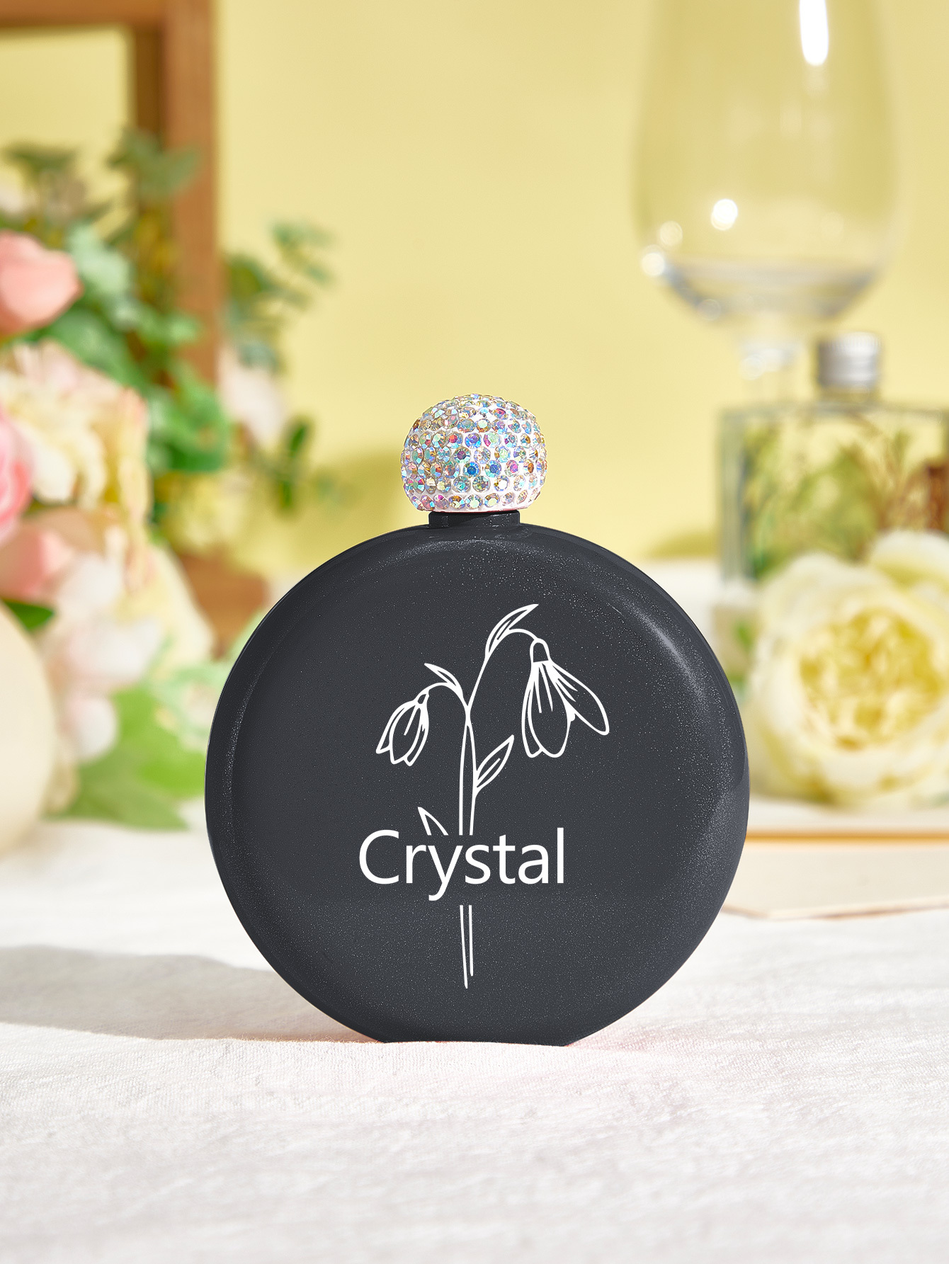 Personalized Birth Flower Round Flasks with Name 5oz Glitter Flask Wedding Birthday Gift for Her
