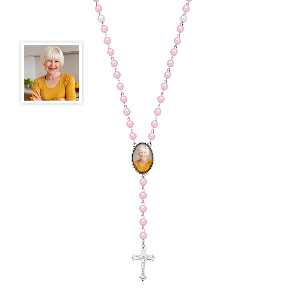 Custom Photo Rosary Beads Cross Necklace – Personalized Memorial Gift for Women