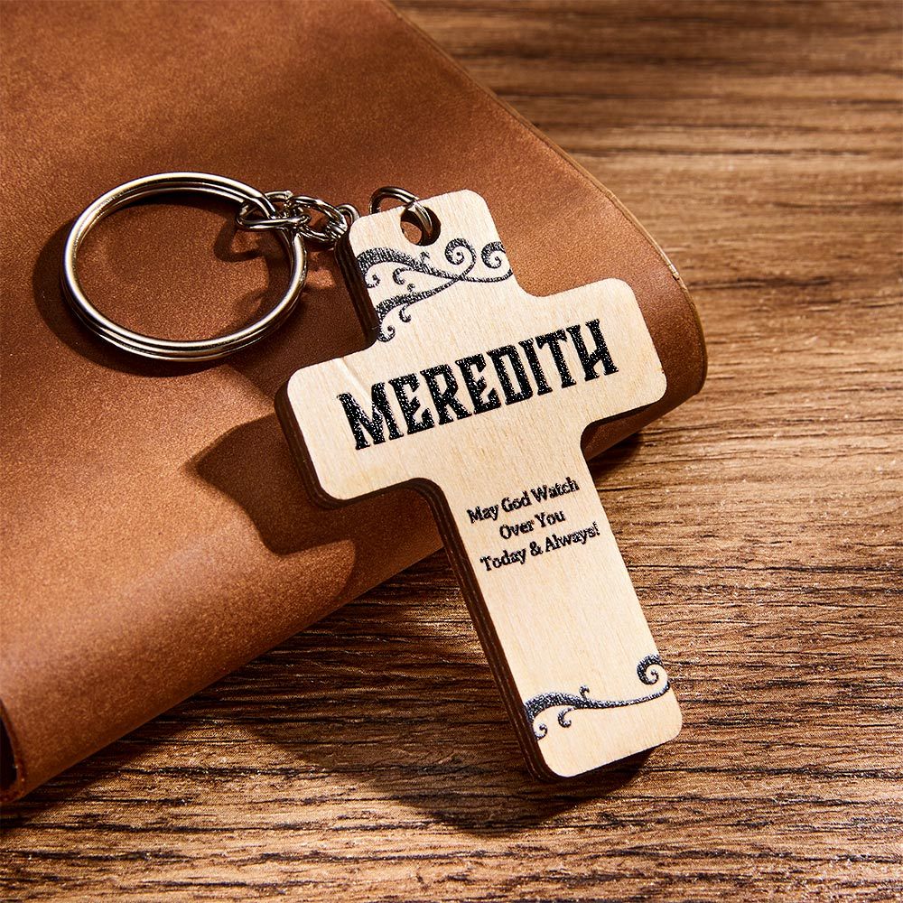 God Bless You Personalized Name Wood Cross Keychain Custom Name Cross