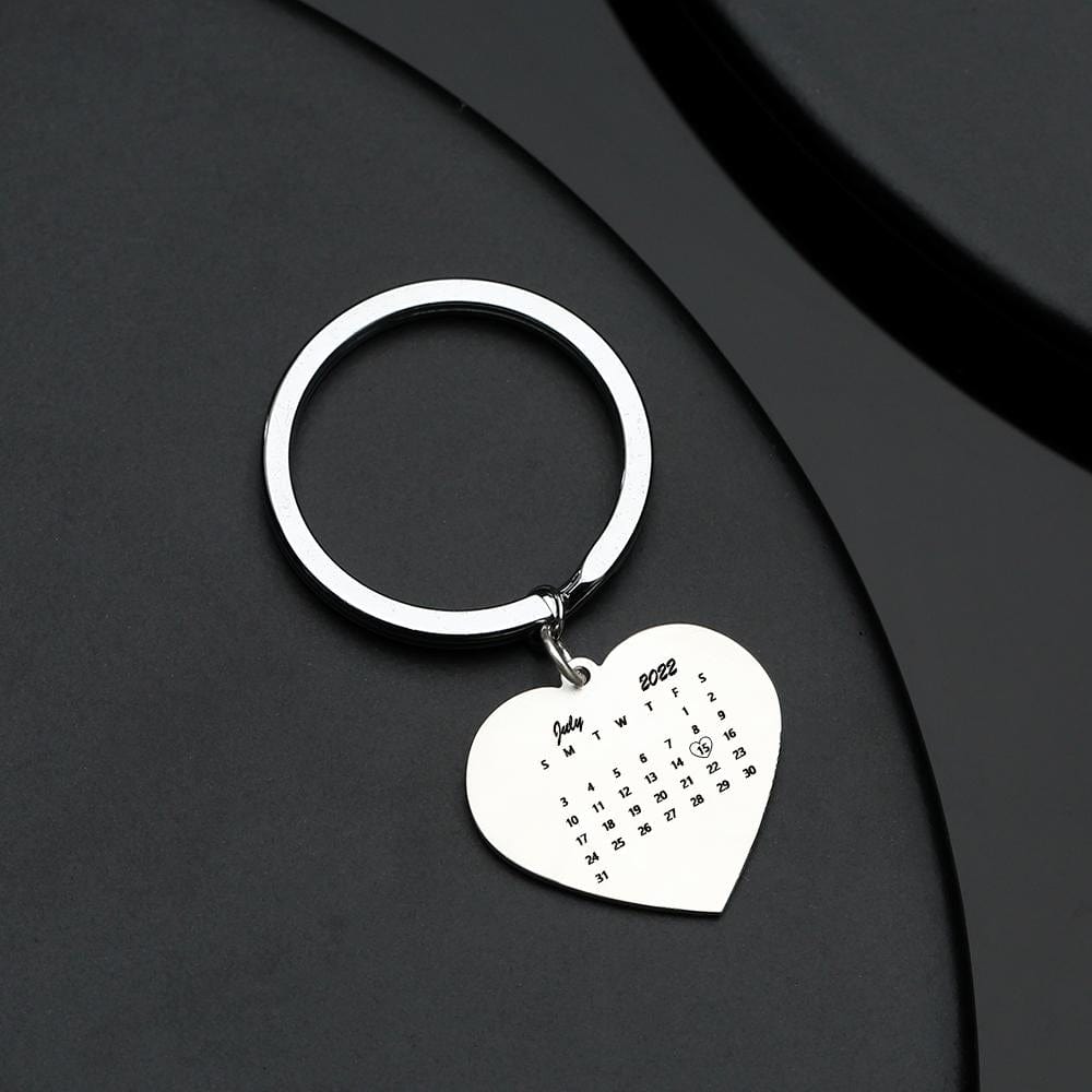 Personalized Calendar and Photo Keychain, Heart Keychain, Anniversary Gift for Couple