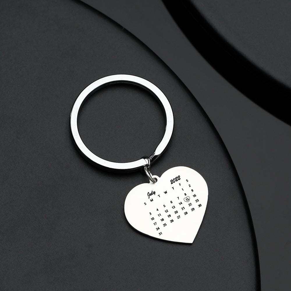 Personalized Calendar and Photo Keychain, Heart Keychain, Anniversary Gift for Couple