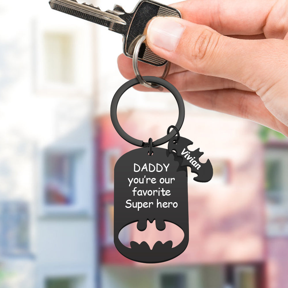 Personalized Superhero Daddy Keychain with Kids Names Gift for Father