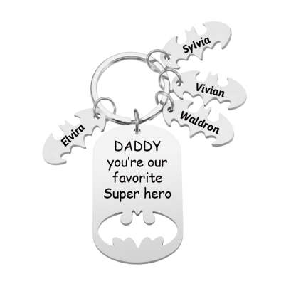 Personalized Superhero Daddy Keychain with Kids Names Gift for Father