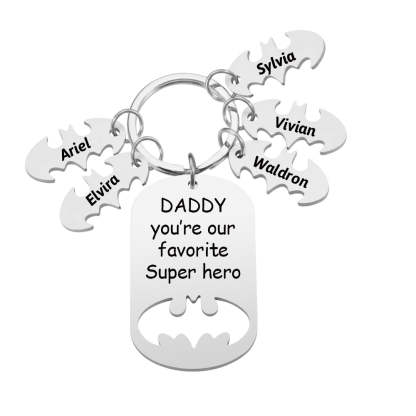 Personalized Superhero Daddy Keychain with Kids Names Gift for Father