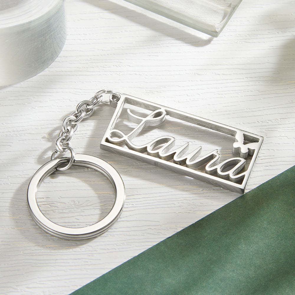 Personalized Name Rectangle Border Keychain Custom Text Stainless Steel  Key Holder Creative Gifts for Him