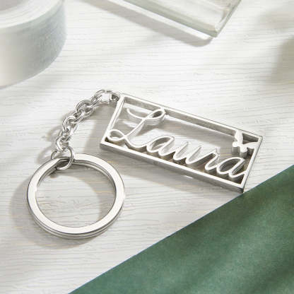 Personalized Name Rectangle Border Keychain Custom Text Stainless Steel  Key Holder Creative Gifts for Him