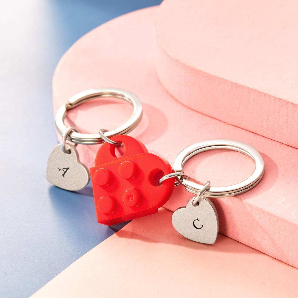 Engraved Heart Block Keychain Set First Initial Pendant Matching Heart Keychain for Couples