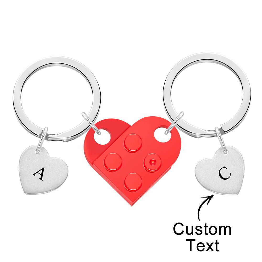 Engraved Heart Block Keychain Set First Initial Pendant Matching Heart Keychain for Couples