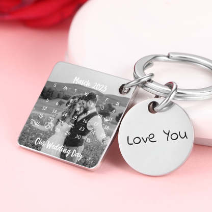 Custom Photo Engraved Calendar Silver Key Chain Best Anniversary Gift