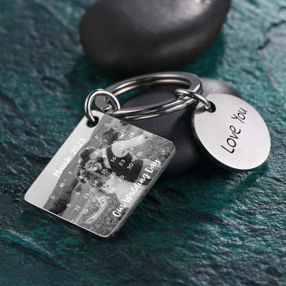 Custom Photo Engraved Calendar Silver Key Chain Best Anniversary Gift