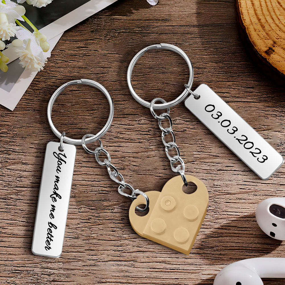 Personalized Text Matching Couples Love Heart Bricks Keychain for Couples